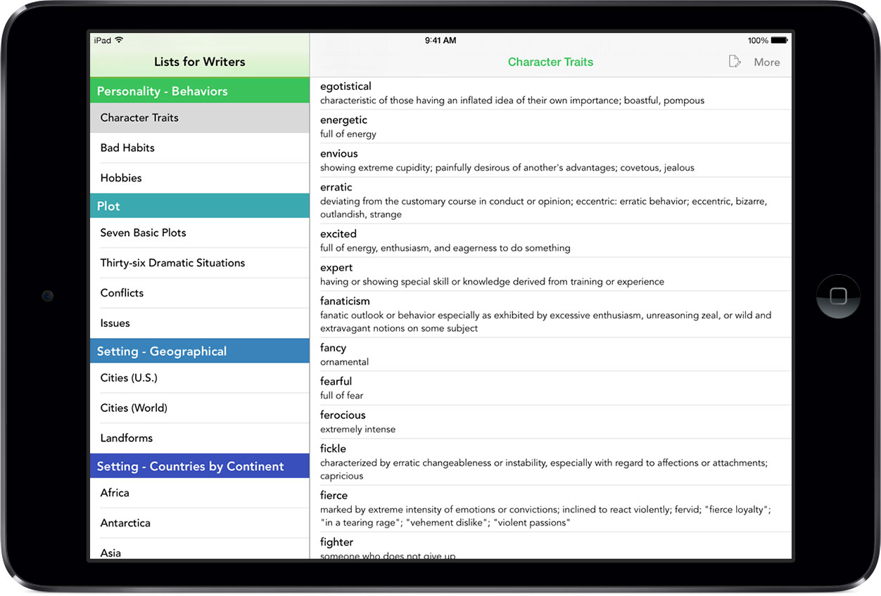 Lists for Writers on iPad Mini